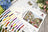 Cross stitch kit with threads, pattern, and design illustration on a wooden surface.
