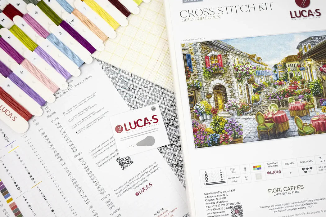 Lucas cross stitch kit with color chart and design illustration