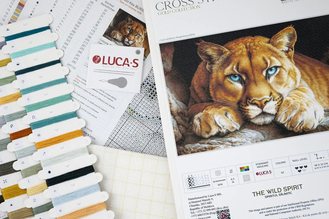Lucas cross-stitch kit with a lion design and color swatch