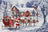 Cross-stitched scene of Santa Claus with reindeer and sleigh in a snowy village.