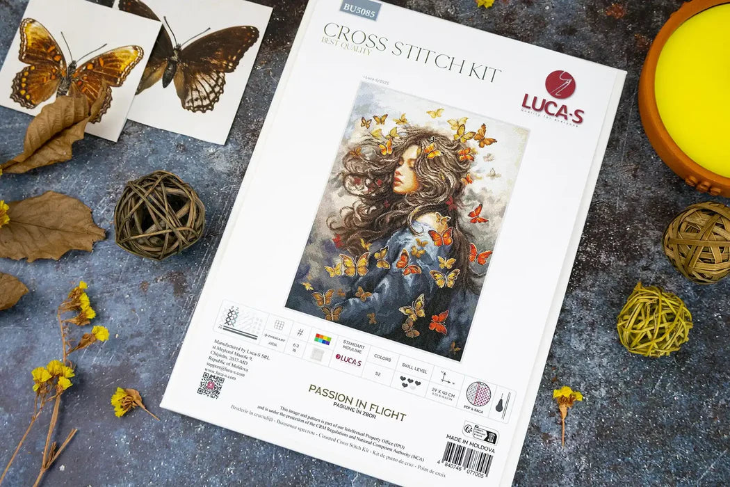 Cross stitch kit by Luca-S with butterfly design on a textured surface.