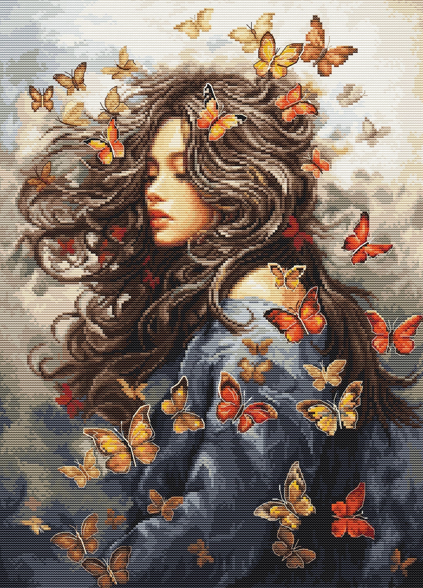 Cross-stitch pattern of a woman with long hair and butterflies in her hair and on her clothing.