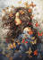 Cross-stitch pattern of a woman with long hair and butterflies in her hair and on her clothing.