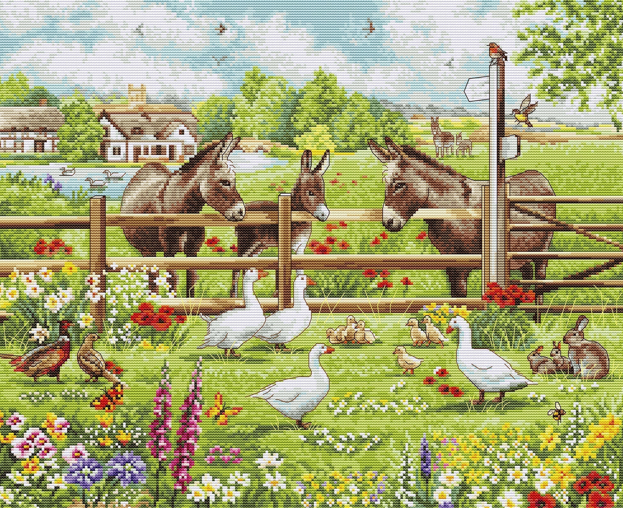 Farm scene with donkeys, geese, and chickens in a field with flowers and a house in the background.