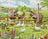 Farm scene with donkeys, geese, and chickens in a field with flowers and a house in the background.