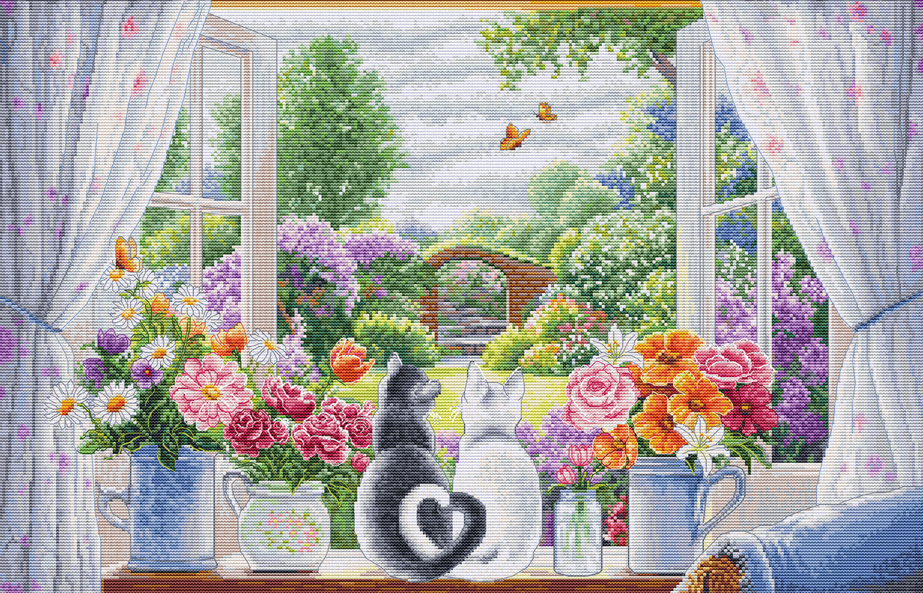 Cross-stitched scene of two cats by a window with flowers and butterflies