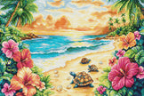 Tropical beach scene with turtles, flowers, and palm trees