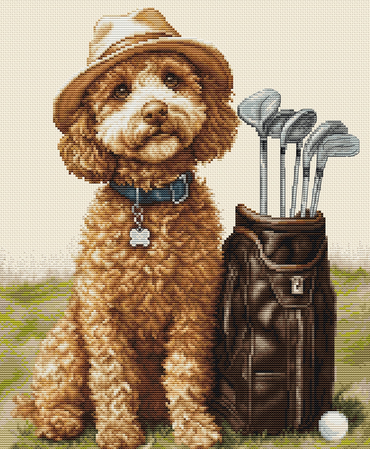Dog with a golf hat and golf clubs in a bag on a grassy background