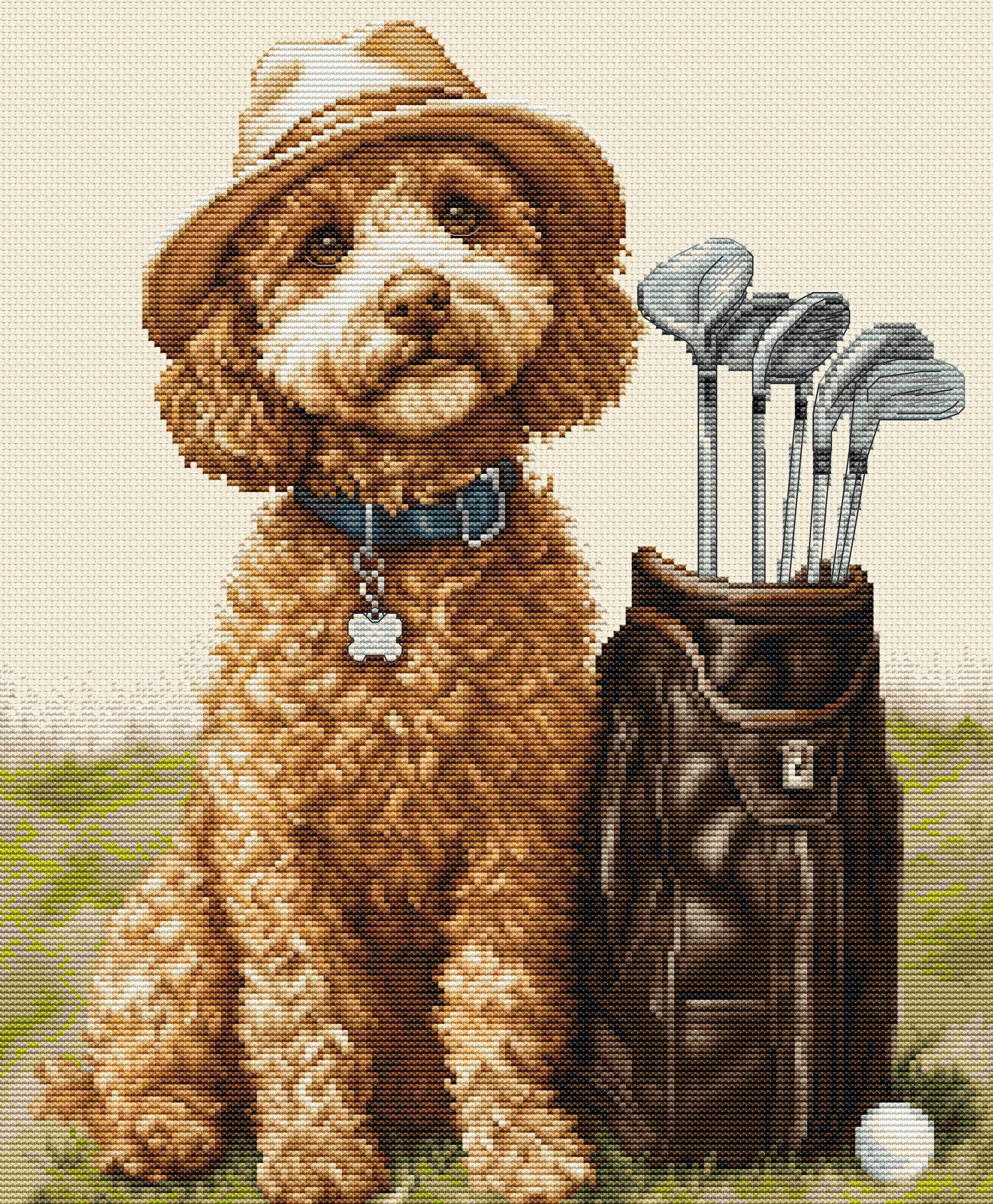 Dog with a golf hat and golf clubs in a bag on a grassy background