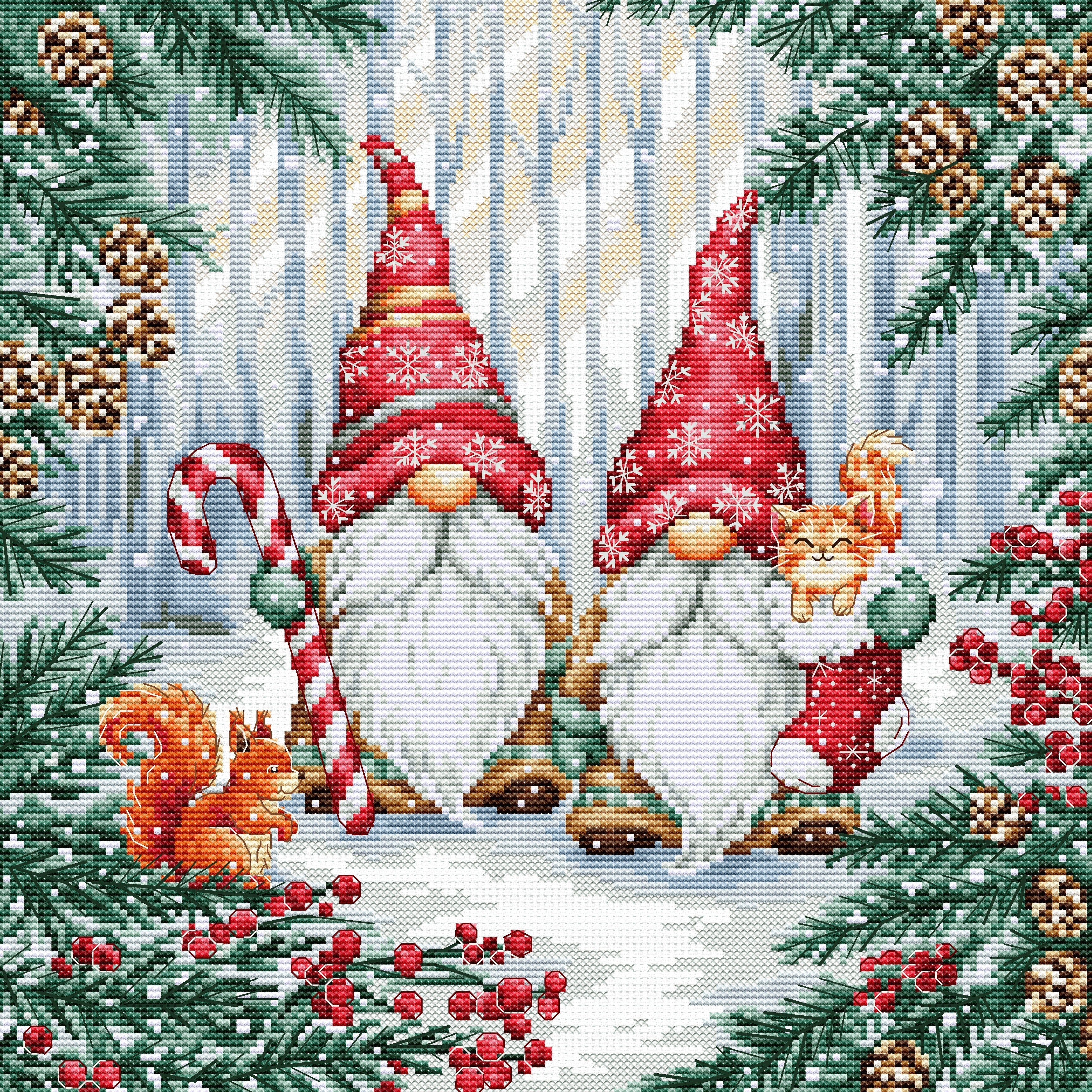 Cross-stitched pattern of two Christmas gnomes with a cat, surrounded by winter elements like pine trees and berries.
