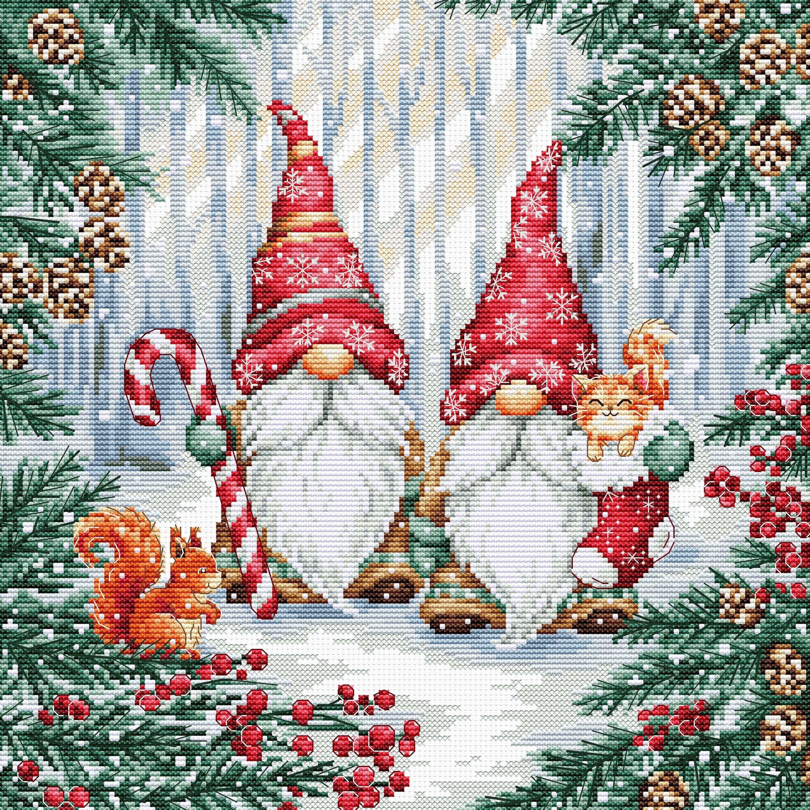 Cross-stitched pattern of two Christmas gnomes with a cat, surrounded by winter elements like pine trees and berries.