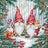 Cross-stitched pattern of two Christmas gnomes with a cat, surrounded by winter elements like pine trees and berries.