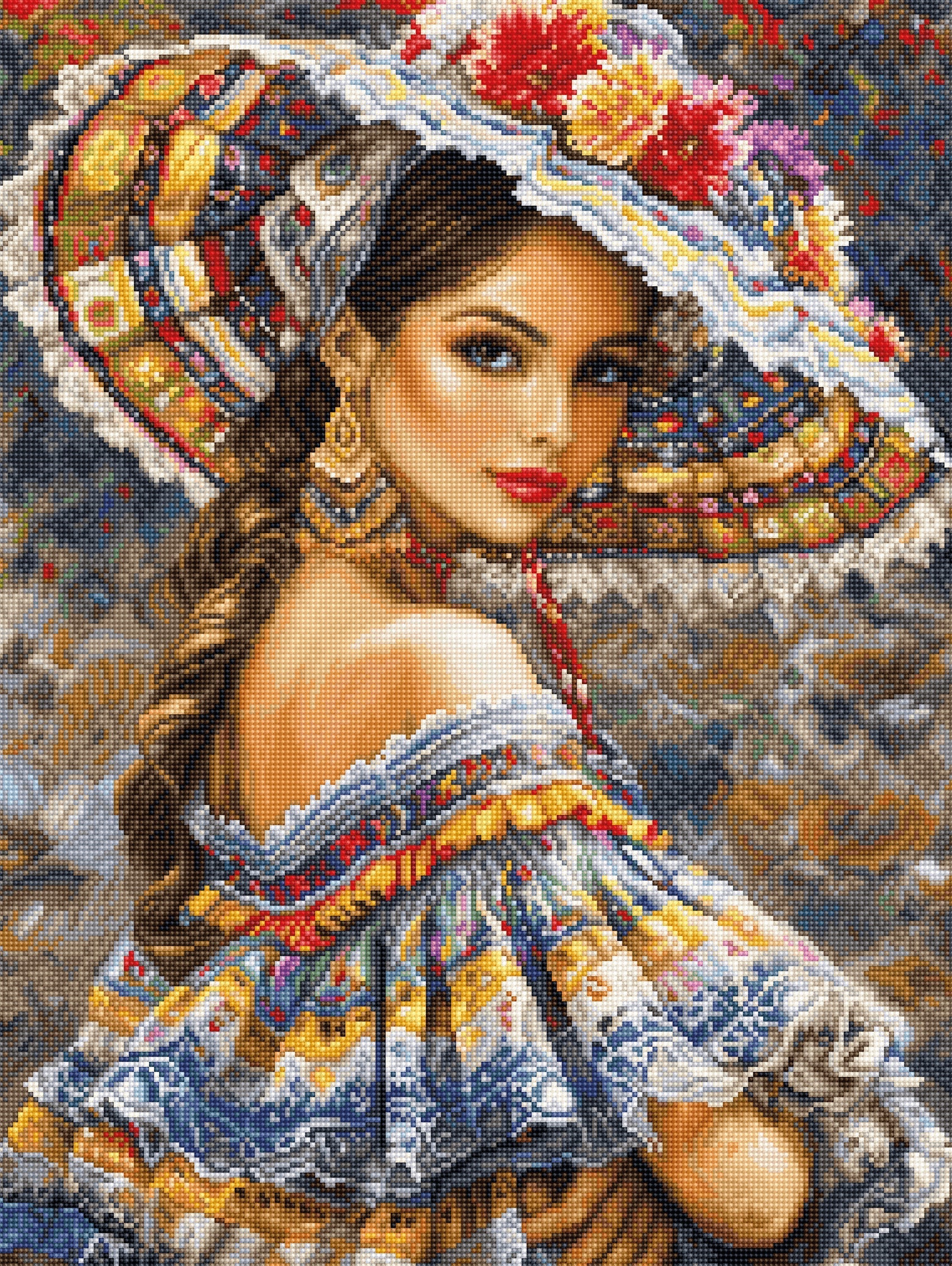 Cross-stitched portrait of a woman in traditional attire with a decorative hat.