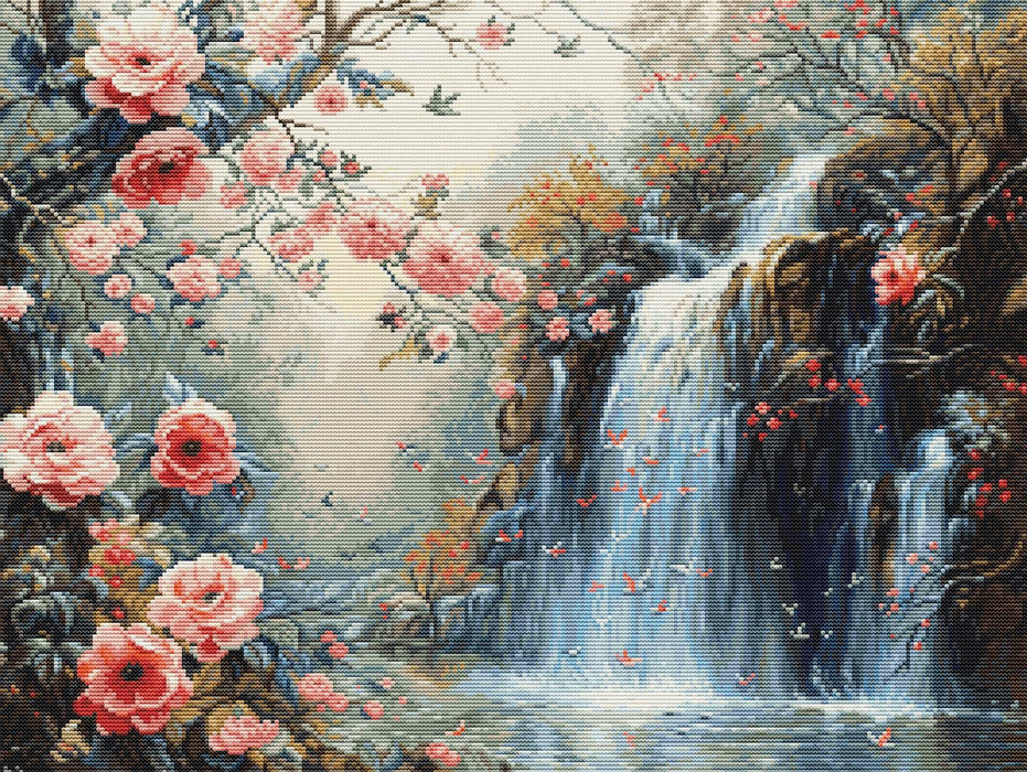 Cross-stitched landscape with a waterfall and pink flowers