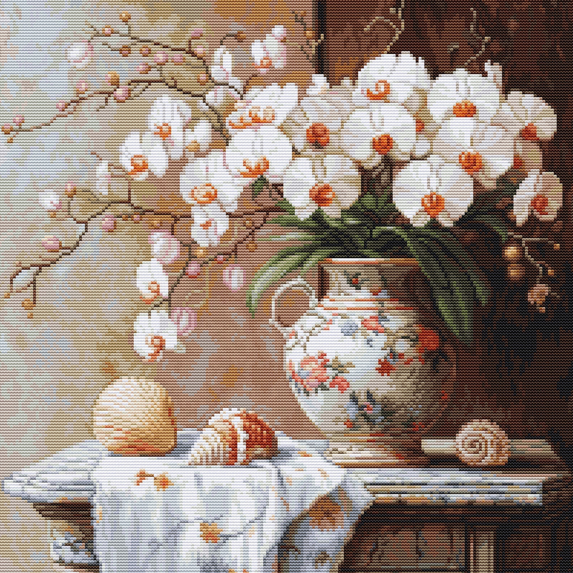 Still life with white flowers, a decorative vase, and shells on a wooden surface.