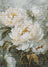 Close-up of a cross-stitched floral design with white flowers and green leaves on a textured fabric background.