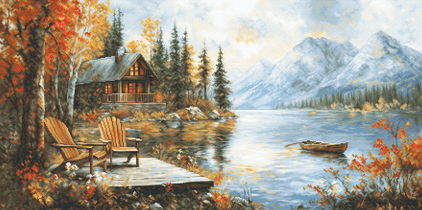 Scenic painting of a cabin by a lake with mountains in the background