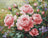 Digital cross-stitch pattern of pink roses and green leaves