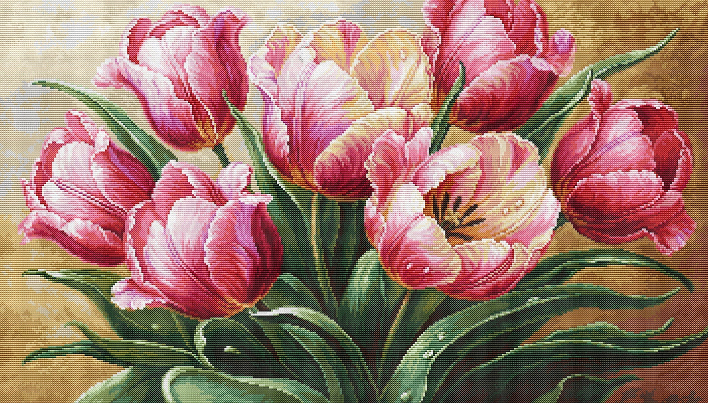 Cross-stitched pattern of pink tulips on a beige background