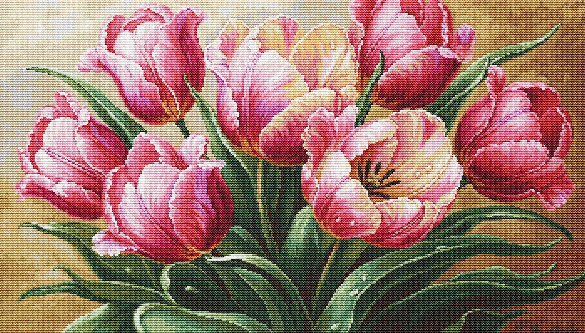Cross-stitched pattern of pink tulips on a beige background