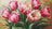 Cross-stitched pattern of pink tulips on a beige background