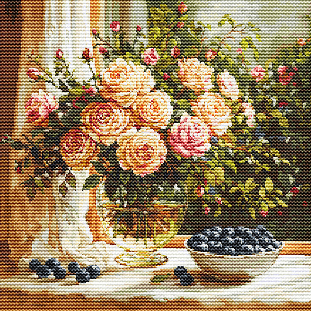 Floral arrangement with roses and berries on a table, cross-stitched pattern