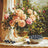 Floral arrangement with roses and berries on a table, cross-stitched pattern