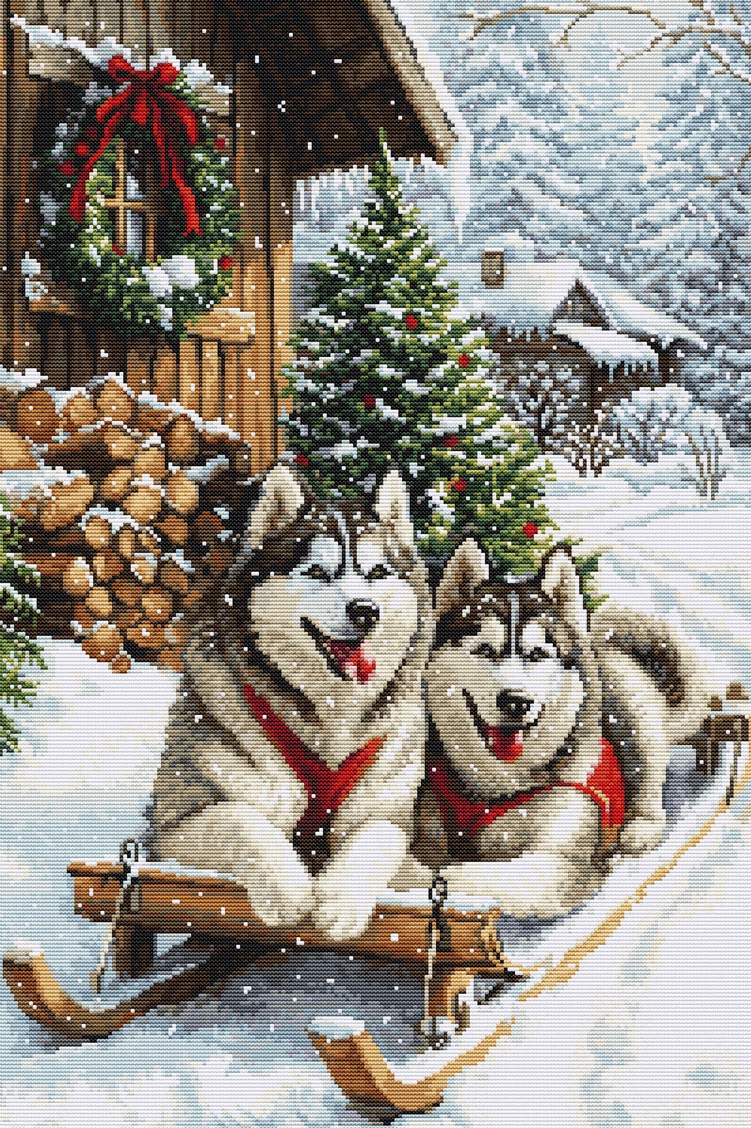 Two huskies on a sled in a snowy scene with a cabin and Christmas tree.