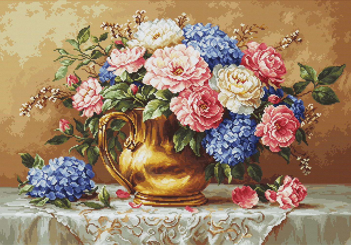 Decorative image of a vase with flowers on a tablecloth.