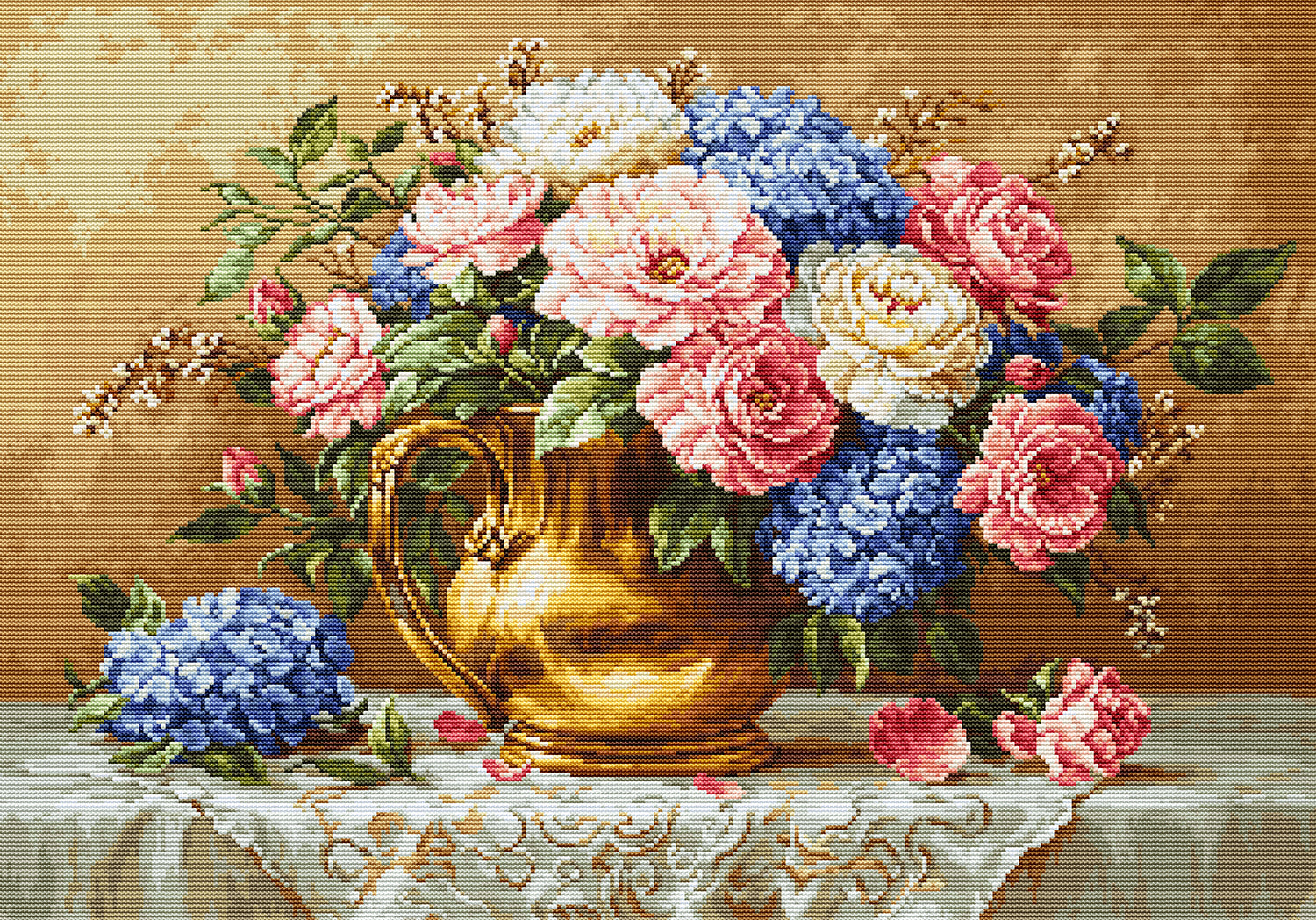 Decorative image of a vase with flowers on a tablecloth.