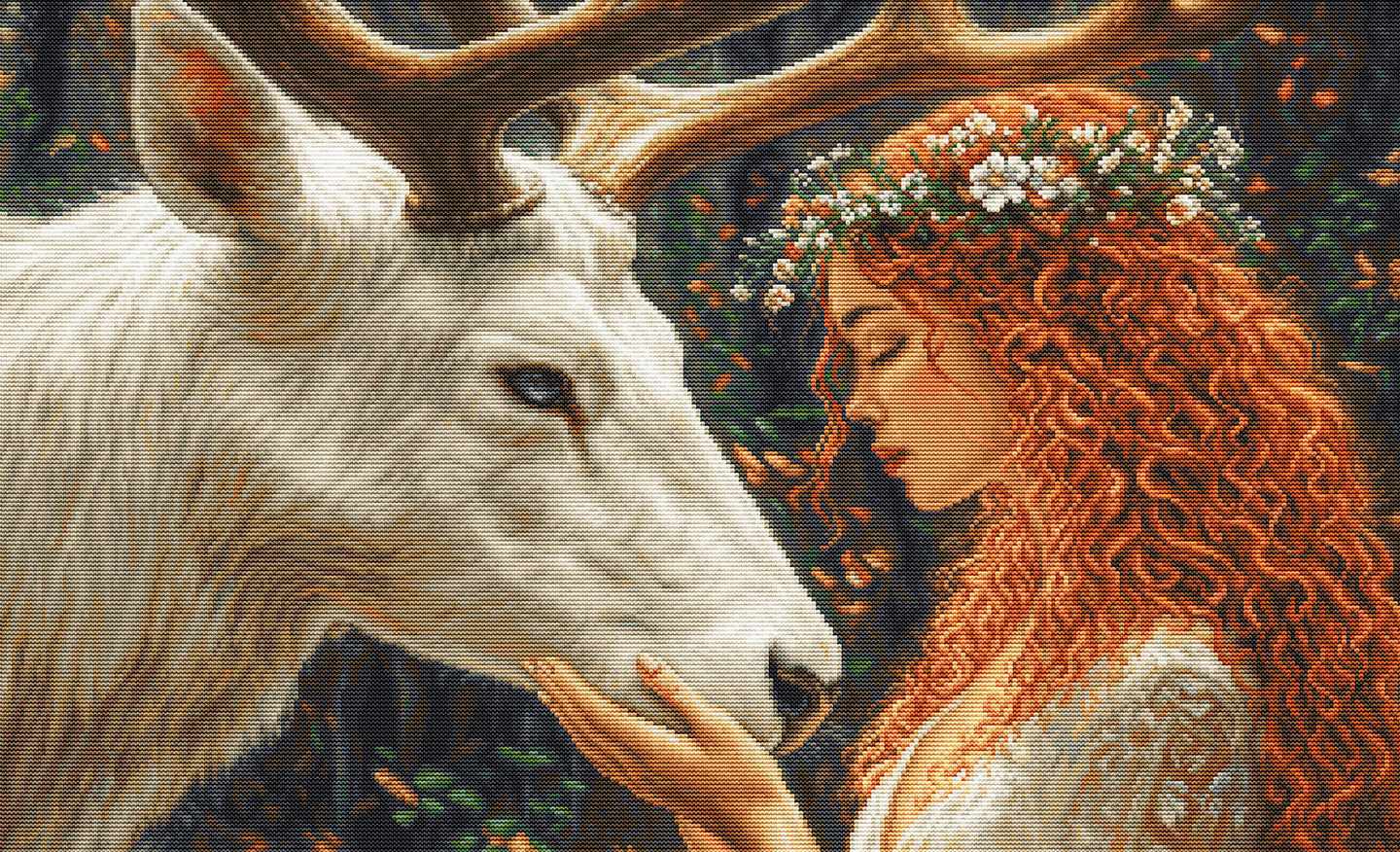 Cross-stitched artwork of a woman with red hair and a deer in a forest setting