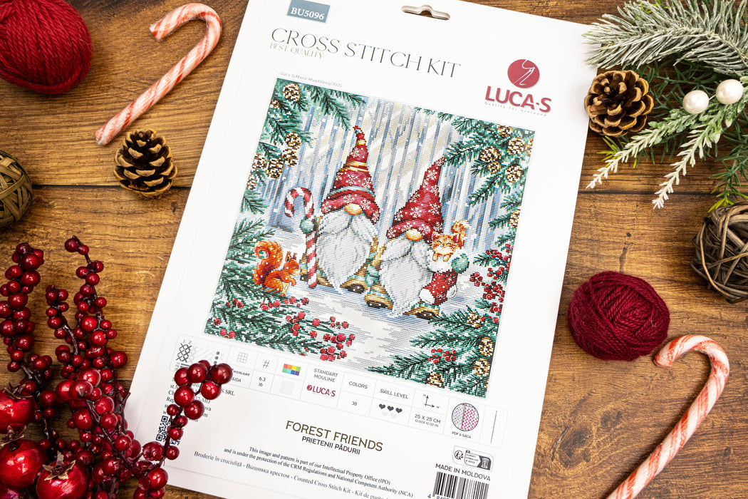 Lucas cross-stitch kit with Christmas-themed design on a wooden surface with festive decorations.