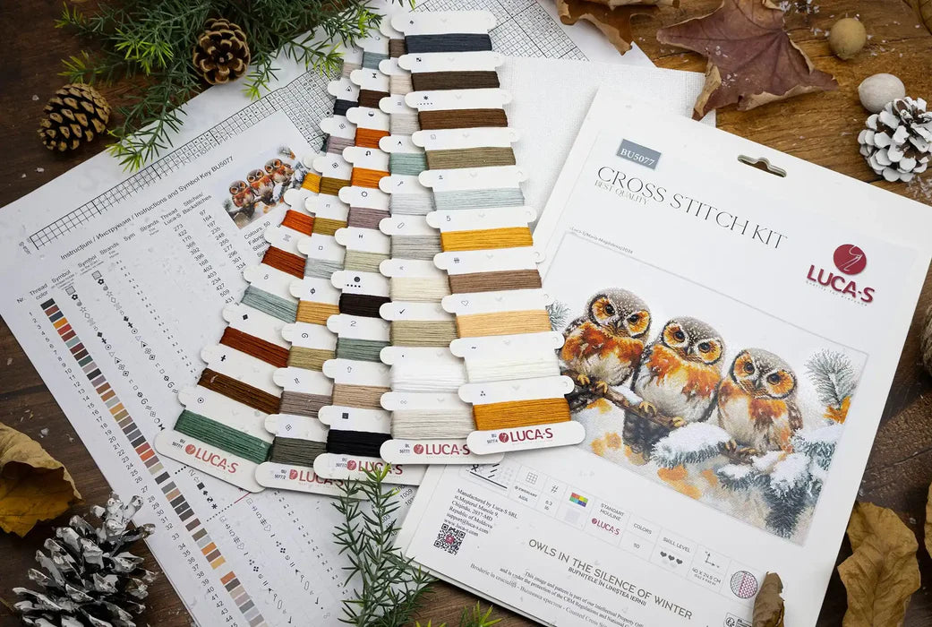 Cross-stitch kit with owl design and color swatch on a wooden surface.