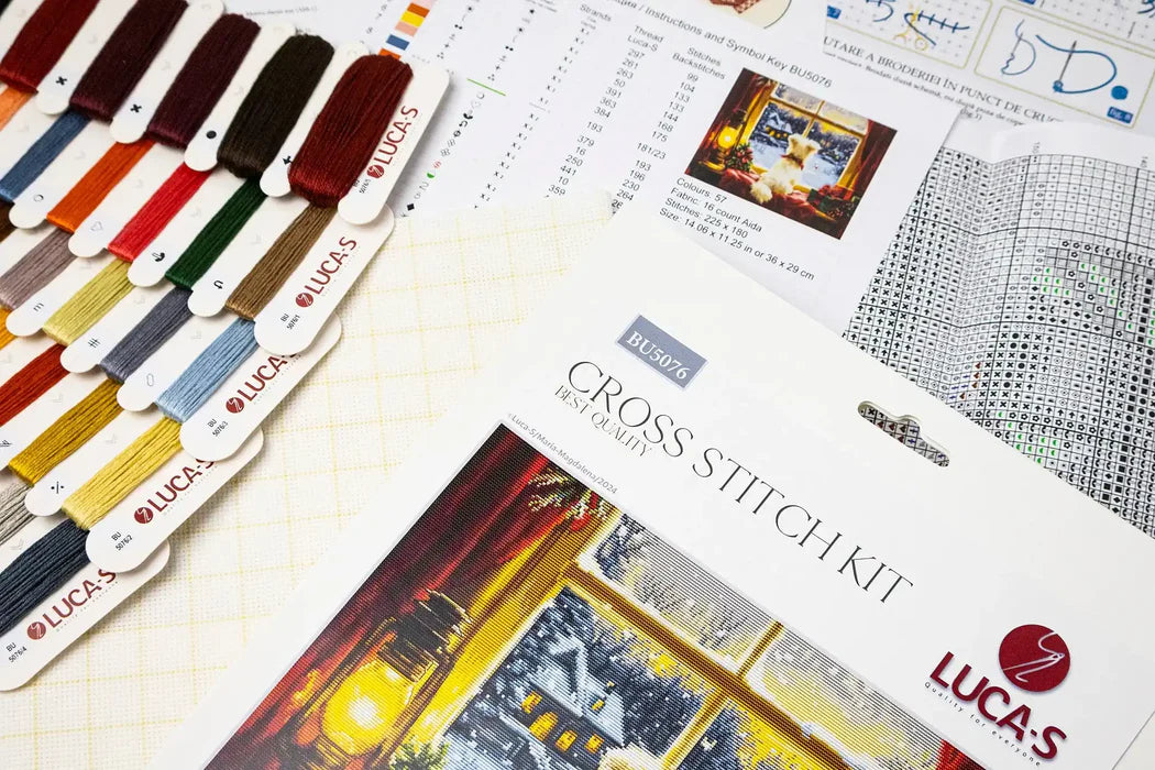 Lucas cross stitch kit with color swatches and pattern sheets on a white surface