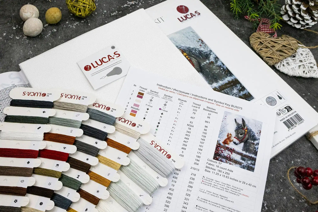Lucas embroidery thread set with color swatches and product catalog on a textured surface.