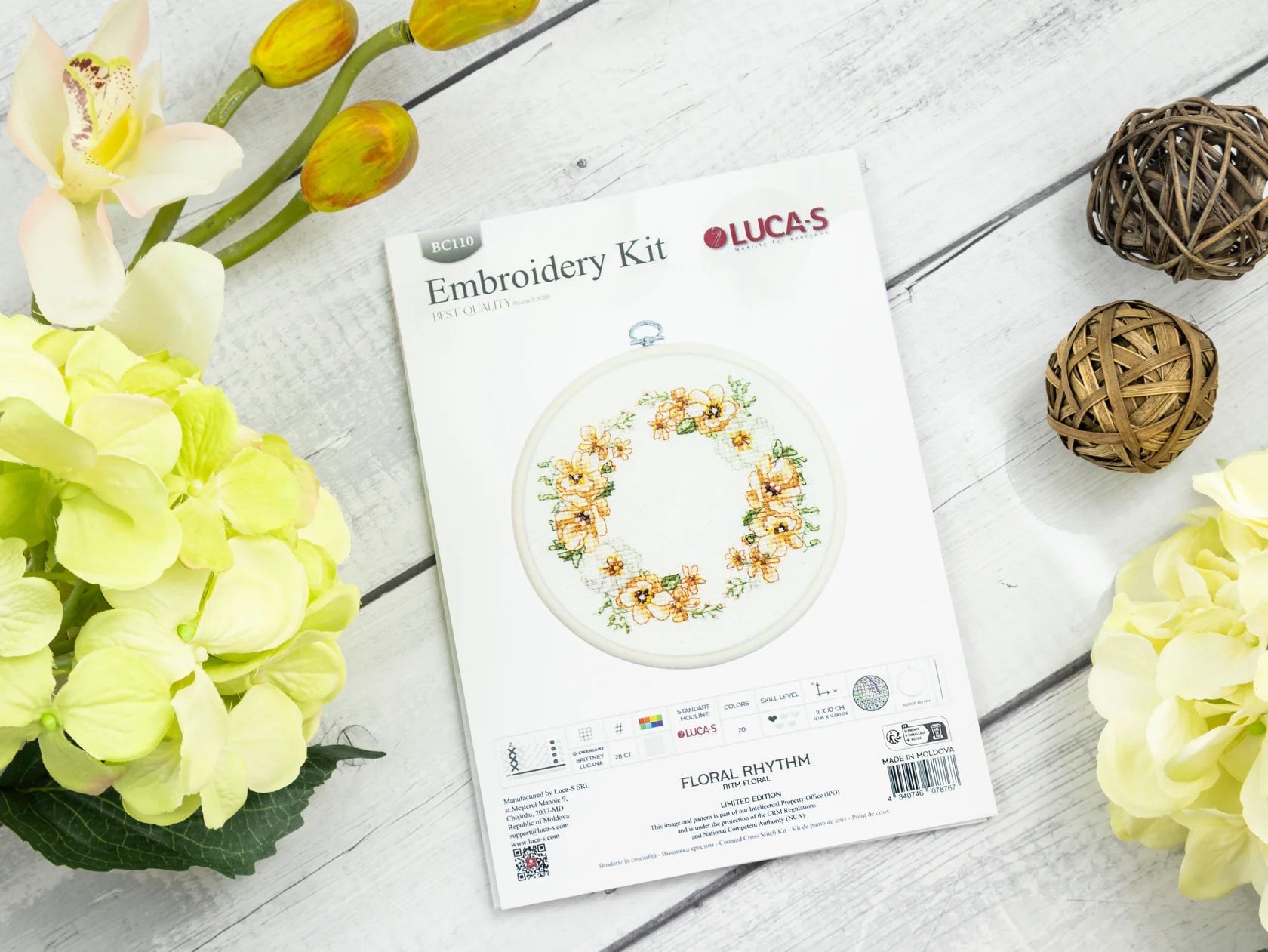 Luca-S - Floral Rhythm, BC110 Cross Stitch Kit with Hoop Included