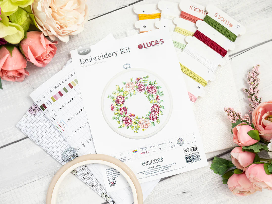 Luca-S - Roses Story, BC113 Cross Stitch Kit with Hoop Included