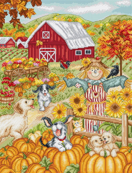 Farm scene with a red barn, scarecrow, dogs, and pumpkins in an autumn setting.