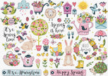 Spring-themed illustrations with flowers, bunnies, and birds on a white background.