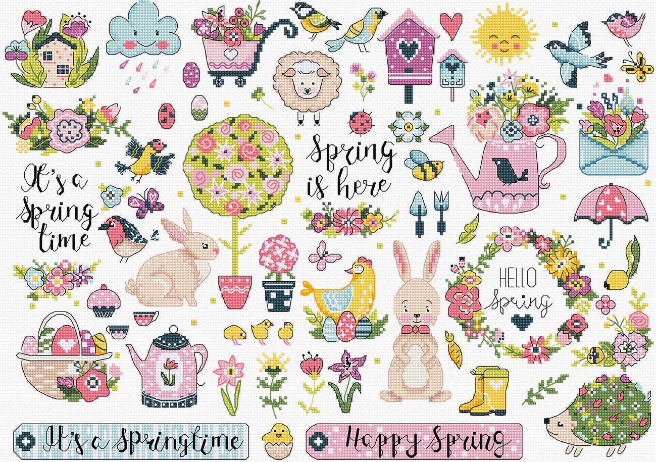 Spring-themed illustrations with flowers, bunnies, and birds on a white background.