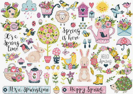Spring-themed illustrations with flowers, bunnies, and birds on a white background.