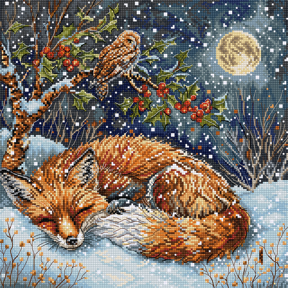 Cross-stitched design of a fox and owl in a snowy forest scene with berries and a moonlit sky.