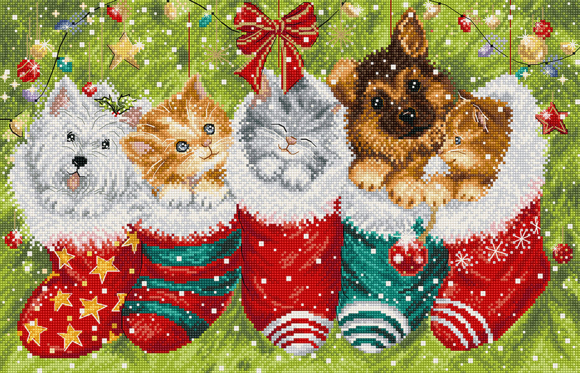 Cross-stitched design of a Christmas stocking with a dog, cat, and mouse inside, surrounded by festive decorations.