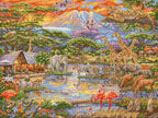 Cross-stitched or embroidery-style depiction of a vibrant African landscape with animals and buildings.