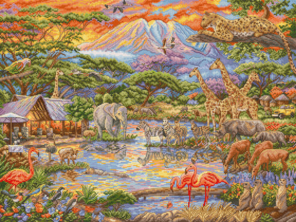 Cross-stitched or embroidery-style depiction of a vibrant African landscape with animals and buildings.