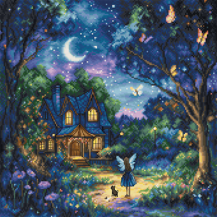 Fairy standing in a magical forest with a glowing house under a starry sky.