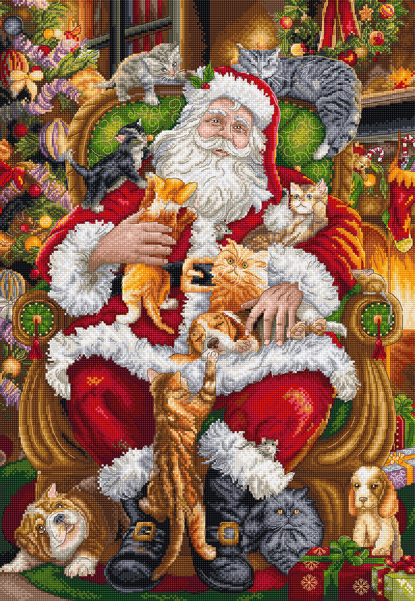 Santa Claus surrounded by cats and dogs in a festive setting with Christmas decorations.