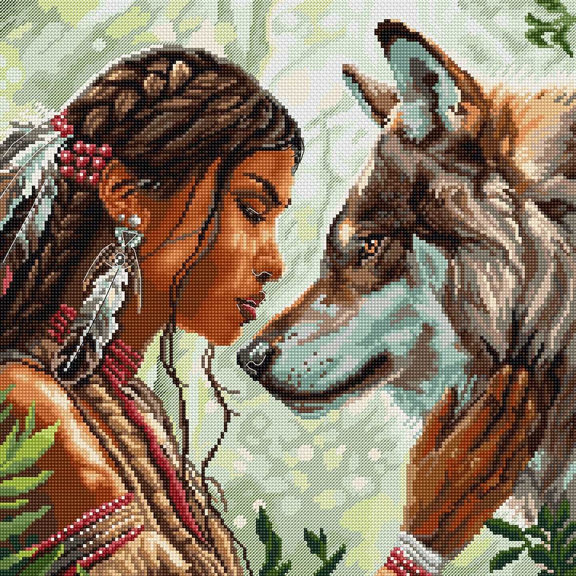 Cross-stitched design of a woman with a wolf in a natural setting