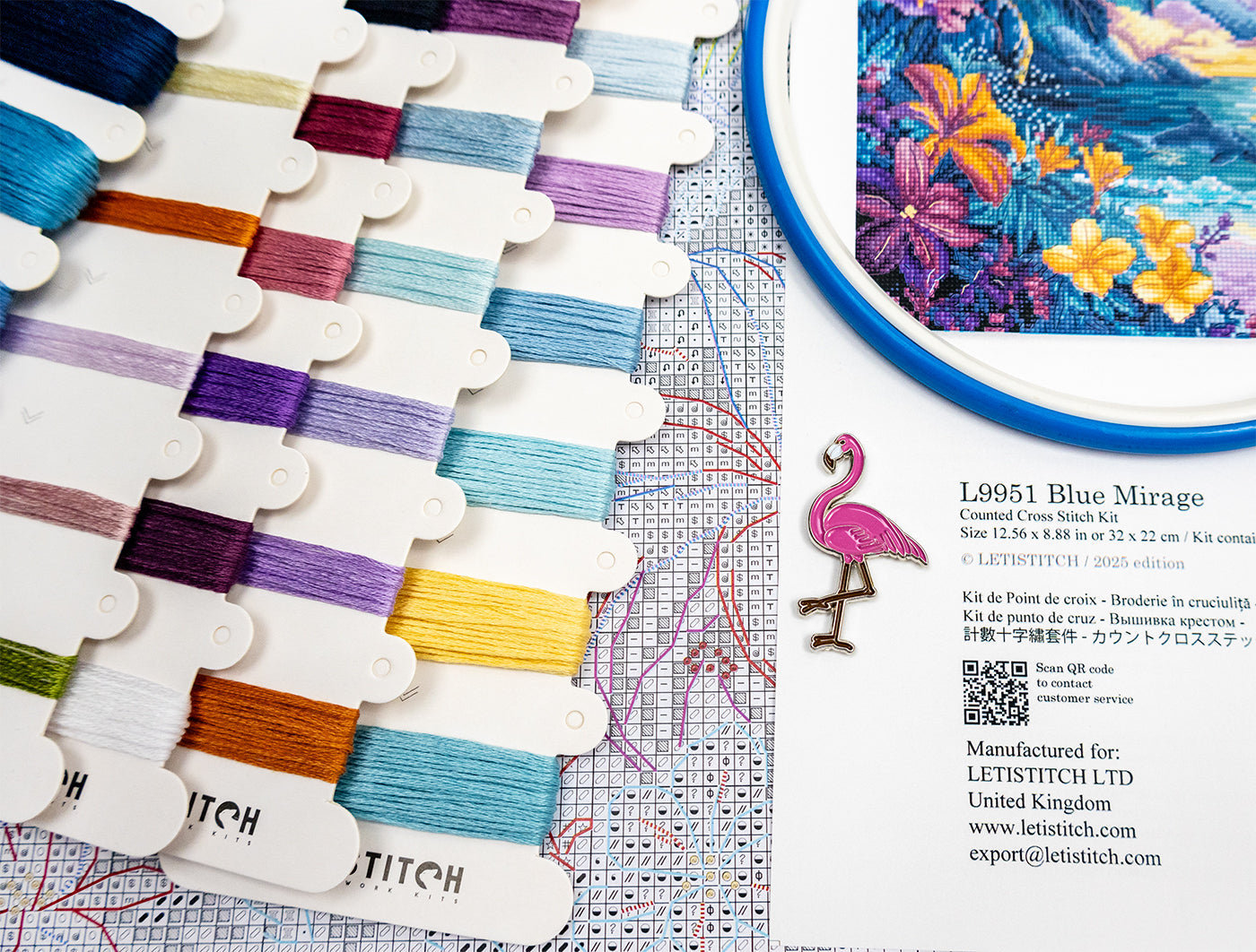 Embroidery floss colors with a cross-stitch pattern and LETISTITCH branding.