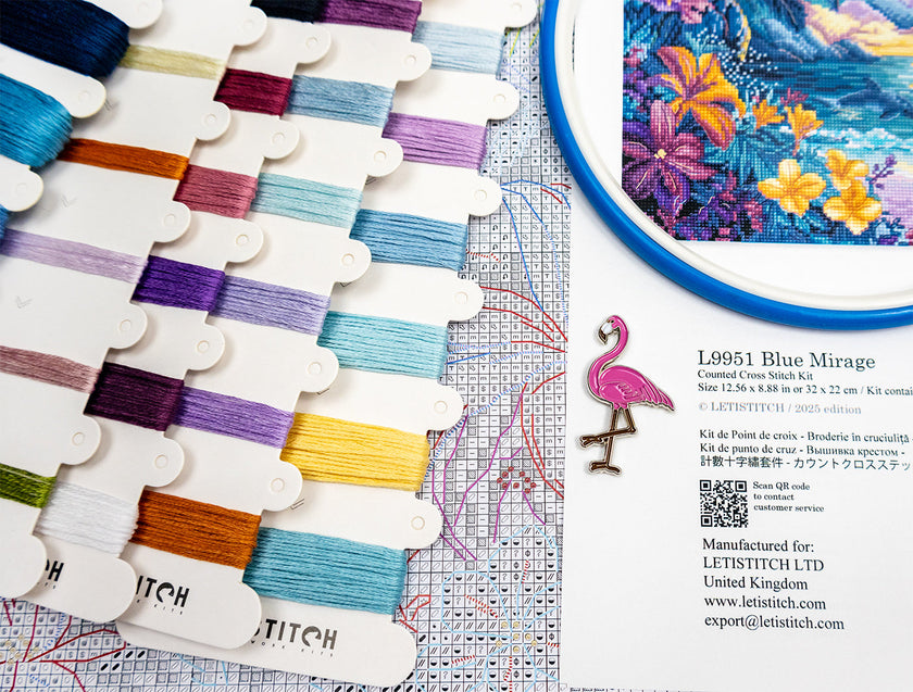 Embroidery floss colors with a cross-stitch pattern and LETISTITCH branding.